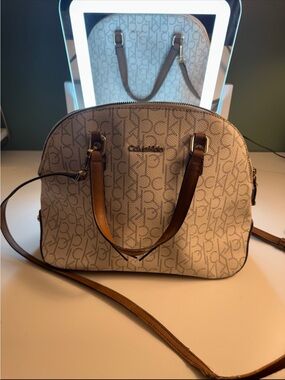 Calvin Klein Cream Logo Dome Satchel with Brown Handles